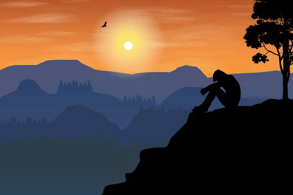 Man Mountain View Silhouette — Vector de stock