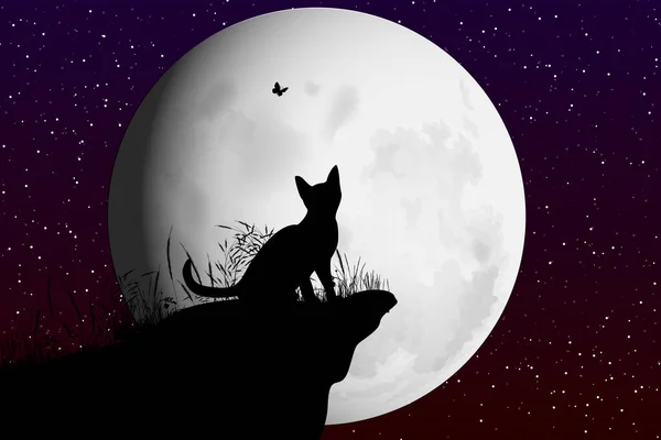 Niedliche Katze Und Mond Silhouette Illustration — Stockvektor