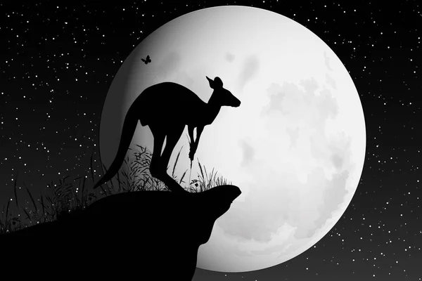 Lindo Canguro Silueta Luna — Vector de stock