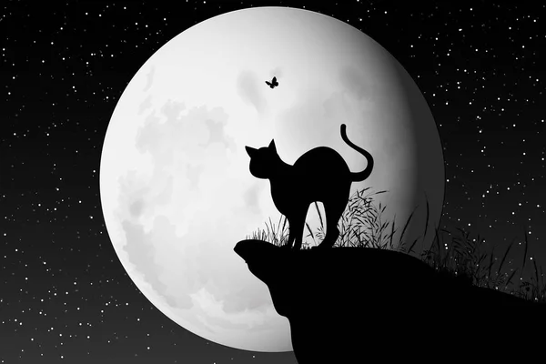Ładny Kot Księżyc Sylwetka — Wektor stockowy