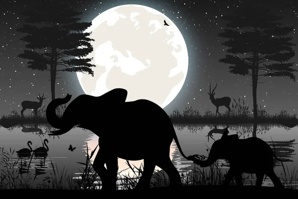 Schattig Olifant Maan Silhouet — Stockvector