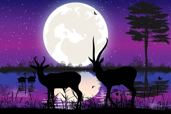 Niedliche Antilope Und Mondsilhouette — Stockvektor