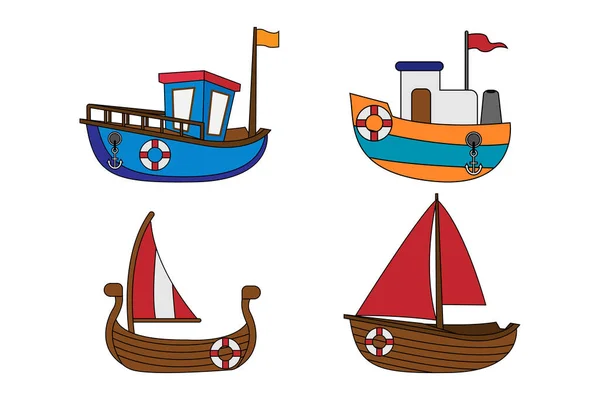 Carino Barca Cartone Animato Illustrazione Set — Vettoriale Stock