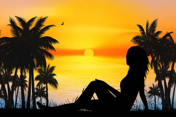 Cute Girl Beach Silhouette Graphic — Stock vektor