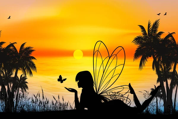 Cute Fairy Silhouette Landscape Graphic — Image vectorielle