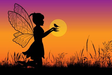 cute fairy and bird silhouette