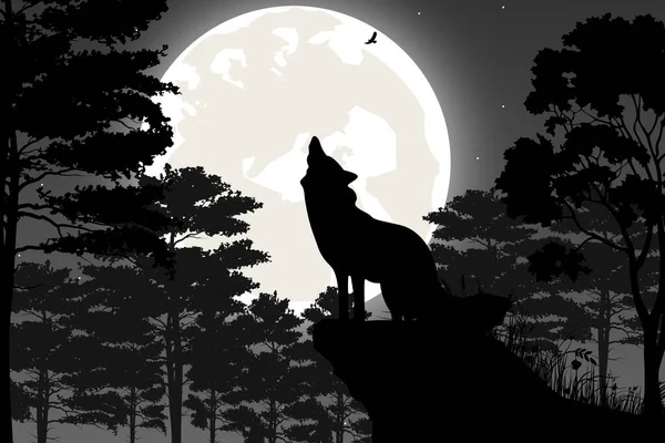 Cute Wolf Moon Silhouette Landscape — Stockvector