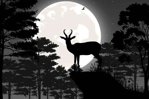 Cute Deer Moon Silhouette Landscape — стоковый вектор