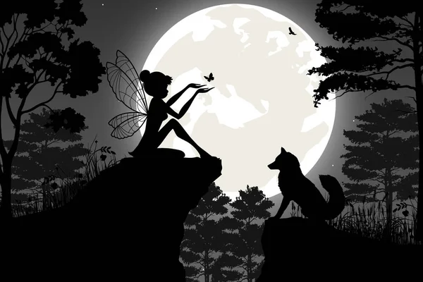 かわいい妖精と月のシルエットの風景 — ストックベクタ