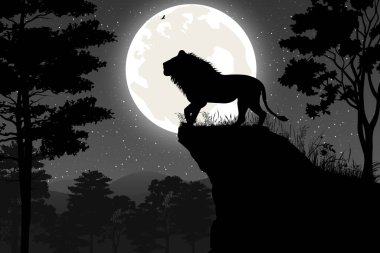 Sevimli aslan ve ay silueti manzarası