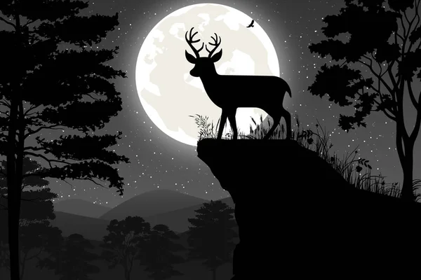 Cute Deer Moon Silhouette Landscape — Stockvector