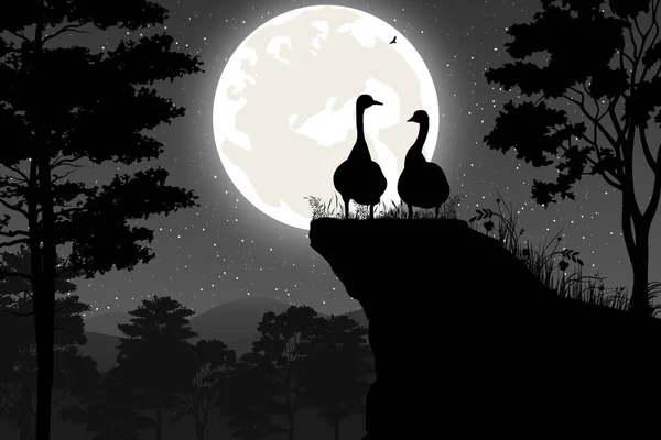 Lindo Ganso Luna Silueta Paisaje — Vector de stock