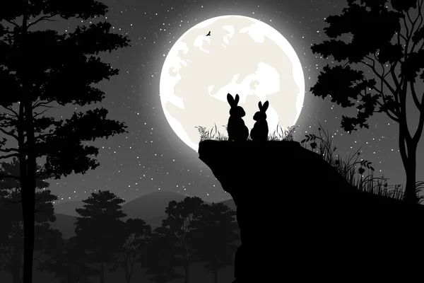 Niedlichen Kaninchen Und Mond Silhouette Landschaft — Stockvektor
