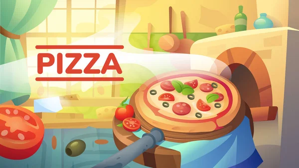 Dibujos Animados Ilustración Pizza Por Estufa — Vector de stock