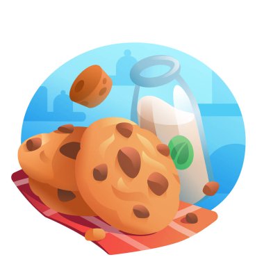 Kırmızı salfette doğal sütle yulaf ezmeli kurabiyelerin küçük bir çizimi. Web siteleri, menüler, kartvizitler, afişler, posterler, kapaklar ve broşürler için ideal.