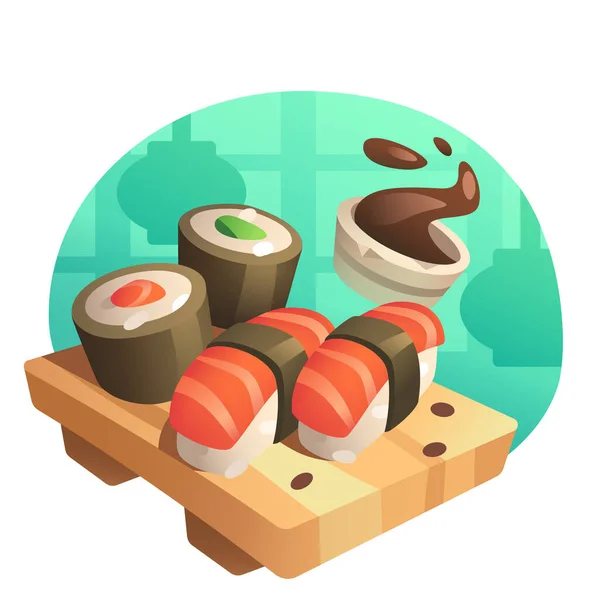 Eine Kleine Zeichentrickillustration Von Sushi Mit Sojasauce Auf Einer Hölzernen — Stockvektor