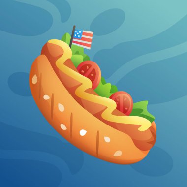 Mavi arka planda marul ve domatesli çizgi film sosislisi. Web siteleri, menüler, kartvizitler, afişler, posterler, kapaklar, broşürler için ideal.