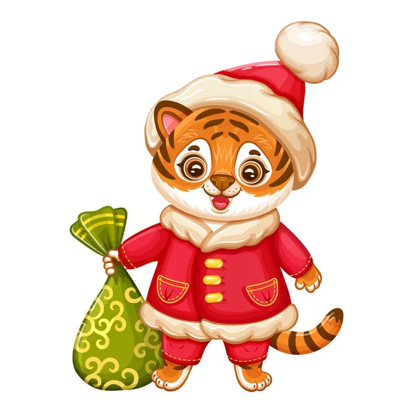 Mutlu Çin Yeni Yılı kaplan çizgi film karakteri Noel Baba kıyafetleri içinde çanta hediyeleri. Kırmızı Noel şapkalı sevimli kedi yavrusu. Çin burcu burcu burcu. Geleneksel maskot hayvanı. Kutlama tebrik kartı. İzole vektör çizimi