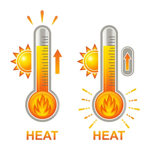 Alevli sıcak termometre, yüksek ısı, aşırı ısınma ikonu seti. Sıcak yaz. Cıva ampulü ve turuncu güneş. Meteorolojik ölçüm havası. Sıcaklık göstergesi, ısıtma kontrolü. Düz vektör
