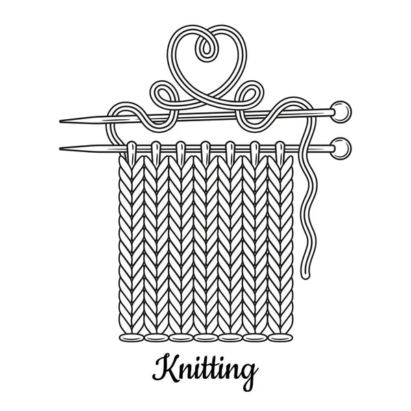 Örgü iğne çizgisi ikonuyla örülmüş el yapımı. Yün ipliğinden elde örülmüş kumaş, el yapımı tekstil kumaşı. Needlework DIY aracı. Yaratıcı örgü atölyesi, hobi el işi mağazası sembolü. Vintage ana çizim çizimi