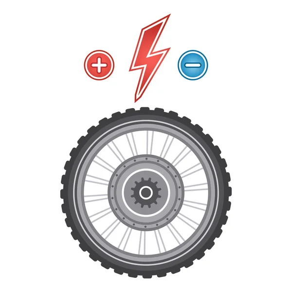 Elektrikli bisiklet merkezi tekerlek motor ikonu. E-bisiklet lastikle güç motorundan konuşuyordu. Pedal hibrit bisiklet için elektro ekipman. Elektrik akümülatörü şarjı. Motorlu ekolojik bisiklet nakliyesinin bileşeni. Artı ve eksi, yıldırım işareti. Düz vektör