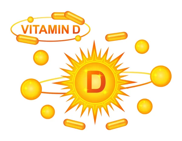 D vitamini gıda takviyesi, ilaç hapı ikonlu sarı güneş. Tıbbi kolesiferol tableti, kimyasal eczane multivitamin tıbbi ürün etiketi. Beslenme, mineral kaynağı. Cilt güzelliği kozmetik. Sağlık hizmeti tedavisi. Vektör