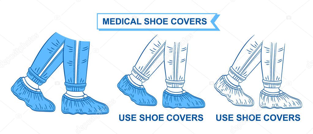 Medical shoe covers icon set. Use sterile protective overshoes in hospital. Blue personal disposable foot uniform. Surgical plastic footgear bag. Antibacterial protector for covering footwear. Hygiene protection floor from dirt, virus. Outline vector