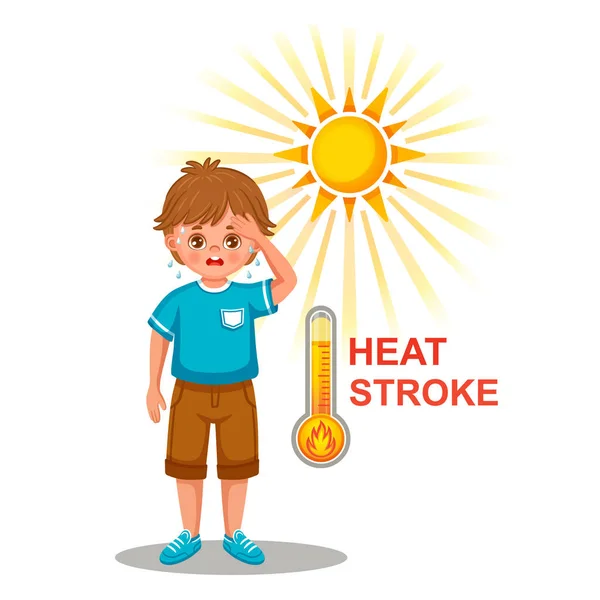 Acidente Vascular Cerebral Insolação Ícone Quente Sol Verão Suando Menino —  Vetores de Stock