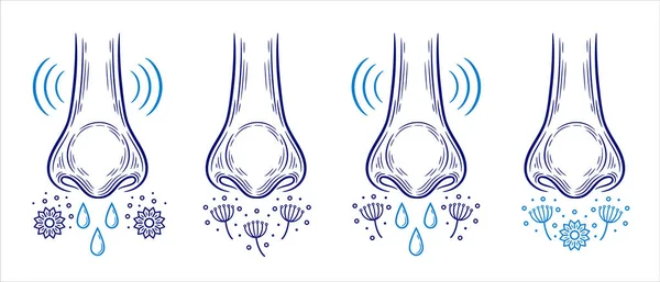 Pollen allergy rhinitis, runny nose seasonal allergic reaction, hay fever line icon set.  Nasal inflammation. Dust, flowering bloom allergen inhale with air. Asthma, sneeze. Wet snot drops from nostril, breathing problem. Medical treatment. Vector