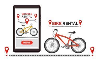 Bike rental service, public bicycle sharing system mobile app. City rent station, cycle hire parking business. Cycling road travel. Urban street transport. GPS smartphone biking route tracking. Location pin pointer. Healthy sport activity. Vector