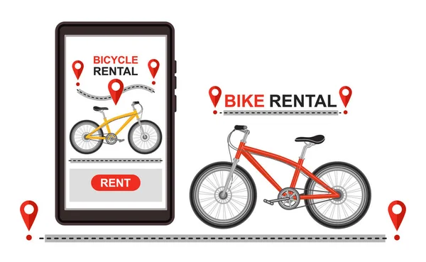Bike rental service, public bicycle sharing system mobile app. City rent station, cycle hire parking business. Cycling road travel. Urban street transport. GPS smartphone biking route tracking. Location pin pointer. Healthy sport activity. Vector