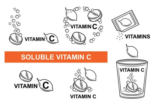 Comprimido Solúvel Efervescente Vitamina Medicamento Pílula Aspirina Efervescente Dissolvem Jogo — Vetor de Stock