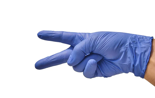 Doctor Blue Glove Puts His Fingers Shape Scissors Indicating Cut — стоковое фото