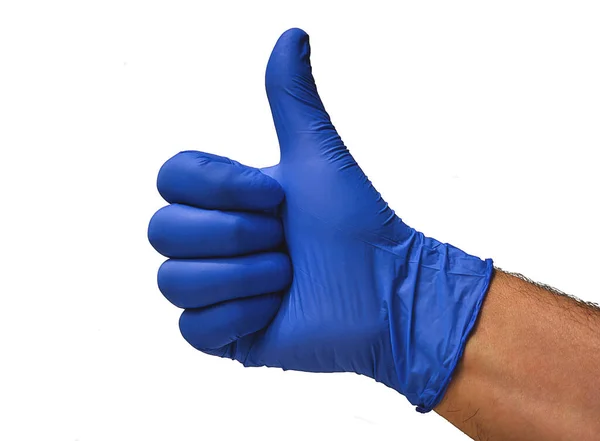 Doctor Blue Glove Makes Fist Raises His Thumb Confirming Everything — стоковое фото