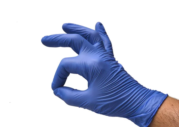 Doctor Blue Glove Puts His Fingers Gesture Acceptance Confirmation Giving — стоковое фото