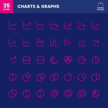 Icon set including chart nad graph variations. Bar graph, pie graph, line graph.