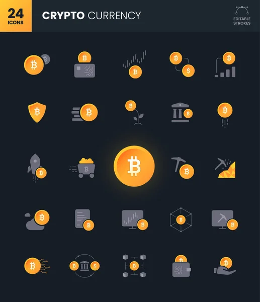 Bitcoin icon set with editable strokes. 24 crypto currency icons.