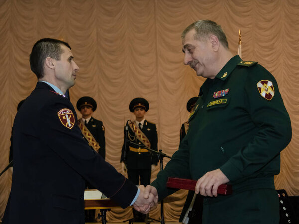 Moscow, Russia - 12.02.2019: Colonel-General Igor Golloyev, Commander of the Central District of the National Guard of the Russian Federation, congratulated the employees of the Arms Control Service on their anniversary.