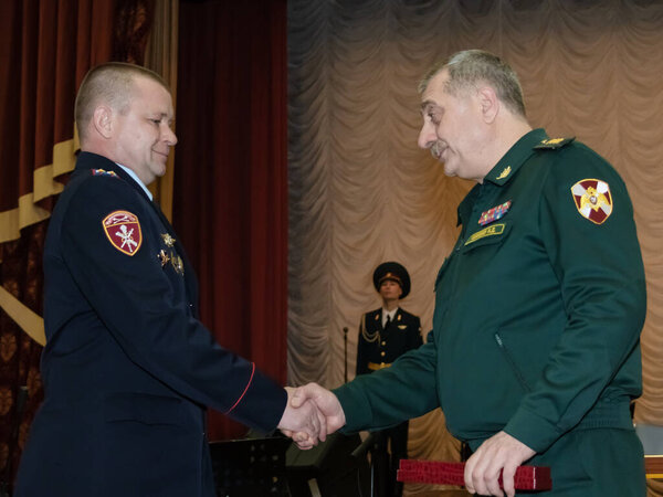 Moscow, Russia - 12.02.2019: Colonel-General Igor Golloyev, Commander of the Central District of the National Guard of the Russian Federation, congratulated the employees of the Arms Control Service on their anniversary.