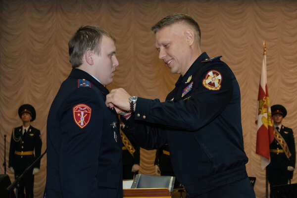 Moscow, Russia - 12.02.2019: Colonel-General Igor Golloyev, Commander of the Central District of the National Guard of the Russian Federation, congratulated the employees of the Arms Control Service on their anniversary.