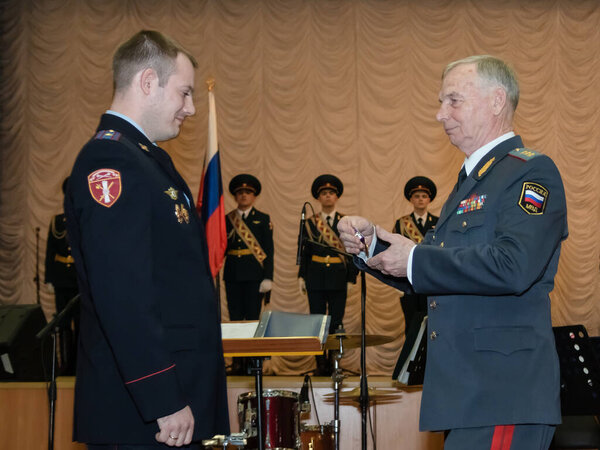 Moscow, Russia - 12.02.2019: Colonel-General Igor Golloyev, Commander of the Central District of the National Guard of the Russian Federation, congratulated the employees of the Arms Control Service on their anniversary.