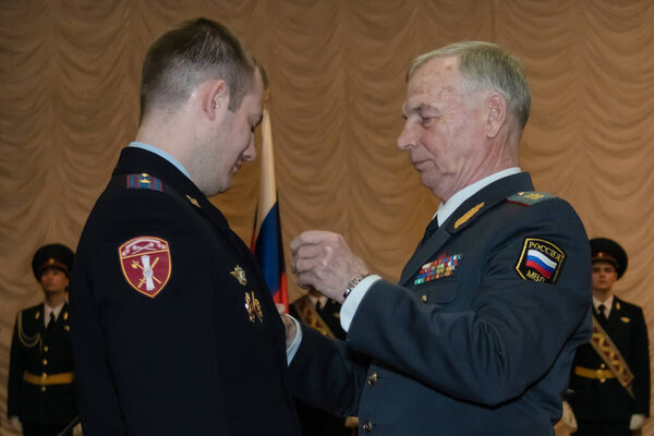 Moscow, Russia - 12.02.2019: Colonel-General Igor Golloyev, Commander of the Central District of the National Guard of the Russian Federation, congratulated the employees of the Arms Control Service on their anniversary.