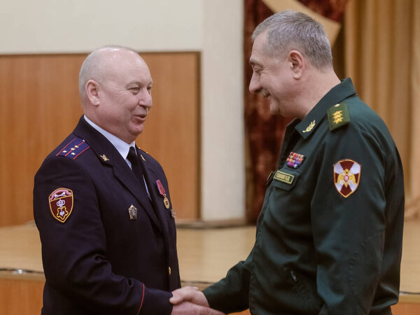 Moscow, Russia - 13.02.2019: The headquarters of the Central District of the Russian Guard congratulated servicemen and employees, as well as veterans, on the 30th anniversary of the withdrawal of Soviet troops from Afghanistan.