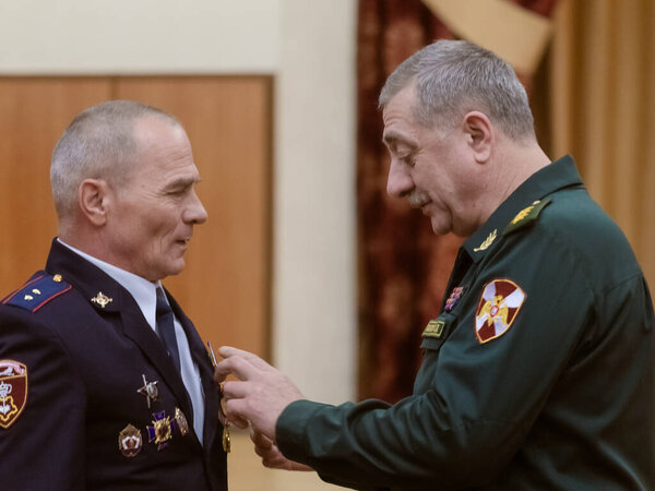 Moscow, Russia - 13.02.2019: The headquarters of the Central District of the Russian Guard congratulated servicemen and employees, as well as veterans, on the 30th anniversary of the withdrawal of Soviet troops from Afghanistan.