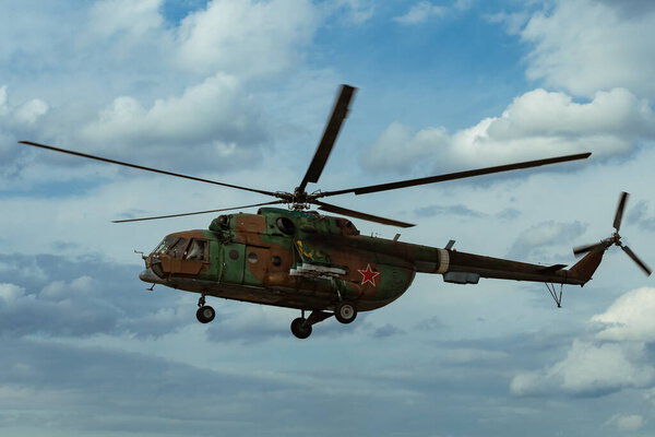 Kaluga Region, Russia - 13.09.2019: At a military airfield with officers of the SOBR (counter-terrorist unit) of the Central District of the Russian Guard, parachute-free landing from Mi-8 helicopters was carried out