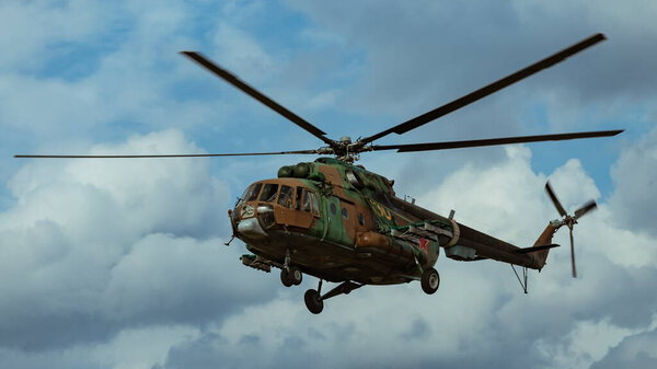 Kaluga Region, Russia - 13.09.2019: At a military airfield with officers of the SOBR (counter-terrorist unit) of the Central District of the Russian Guard, parachute-free landing from Mi-8 helicopters was carried out