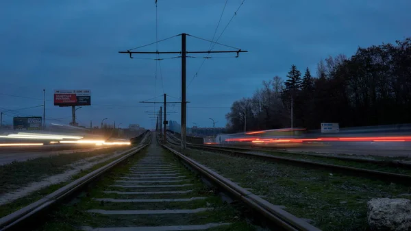 Viejas Vías Tranvía Puente Norte Voronezh Una Noche Otoño —  Fotos de Stock