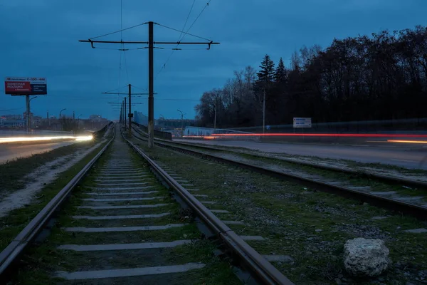 Viejas Vías Tranvía Puente Norte Voronezh Una Noche Otoño —  Fotos de Stock