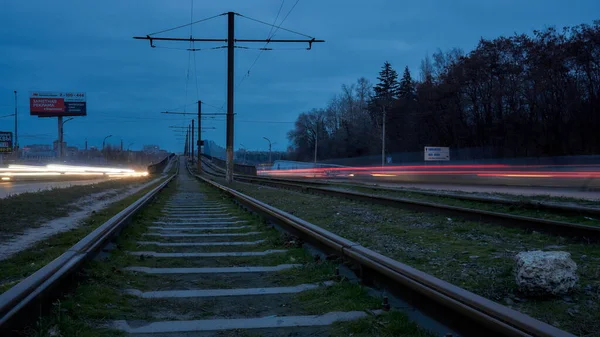 Viejas Vías Tranvía Puente Norte Voronezh Una Noche Otoño —  Fotos de Stock