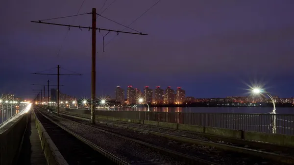 Velhos Trilhos Bonde Ponte Norte Voronezh Uma Noite Outono — Fotografia de Stock